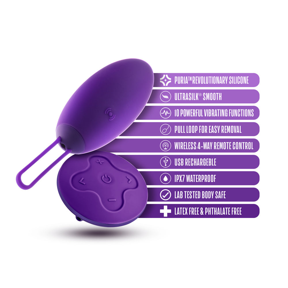 Wellness Imara Vibrating Egg with Remote Purple showcasing features like Puria™ silicone, USB rechargeable, and more.