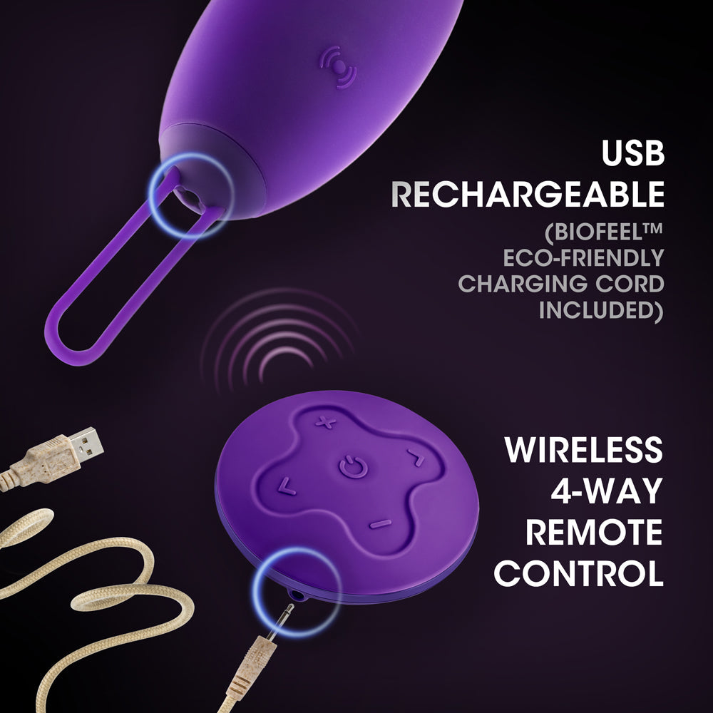 Wellness Imara Vibrating Egg with Remote Purple showing USB rechargeability and wireless remote control features.