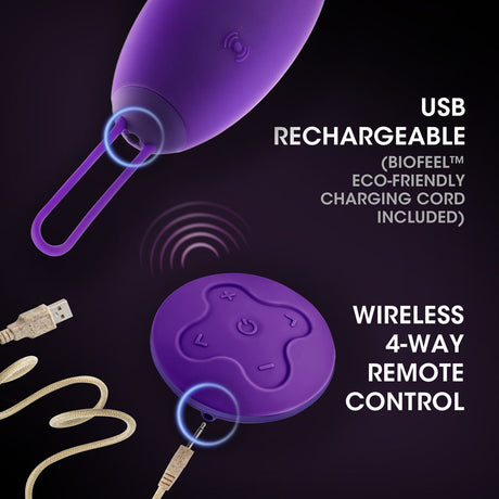 Wellness Imara Vibrating Egg with Remote Purple showing USB rechargeability and wireless remote control features.