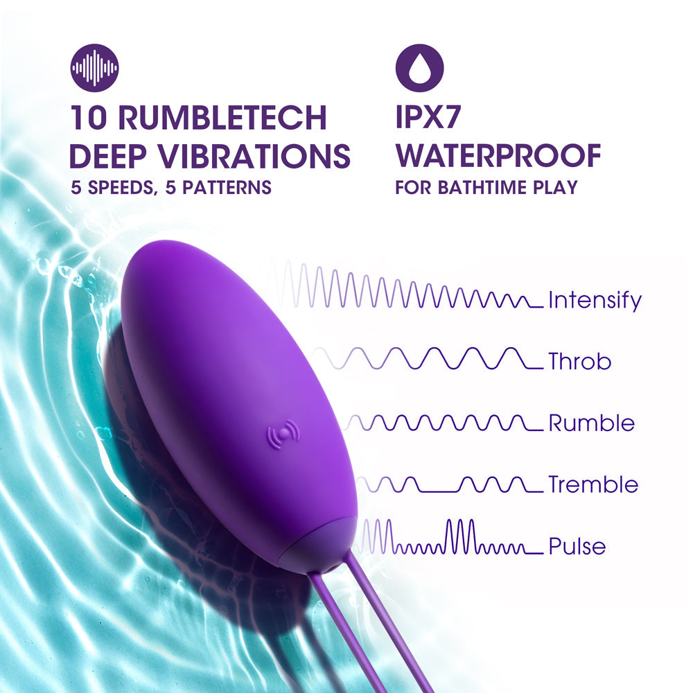 Wellness Imara Vibrating Egg with Remote Purple features 10 rumbletech deep vibrations and is IPX7 waterproof.