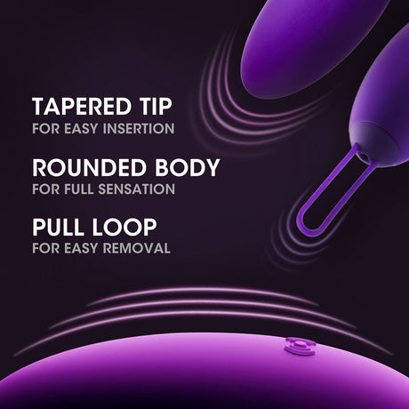 Wellness Imara Vibrating Egg with Remote Purple features tapered tip, rounded body, and pull loop for pleasure.