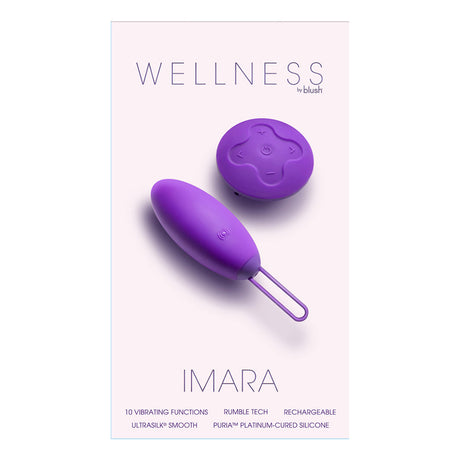 Wellness Imara Vibrating Egg with Remote Purple on packaging showcasing its soft design and remote features.
