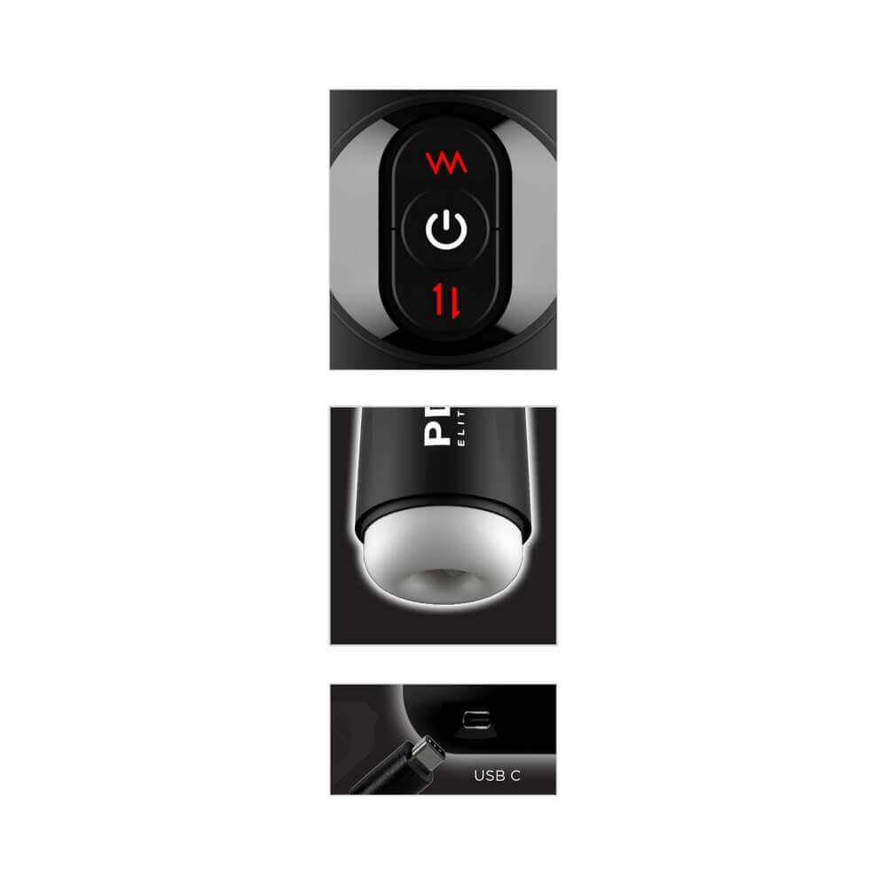 Close-up of controls and USB-C port on the PDX Elite Moto Milker Masturbator for easy usage.