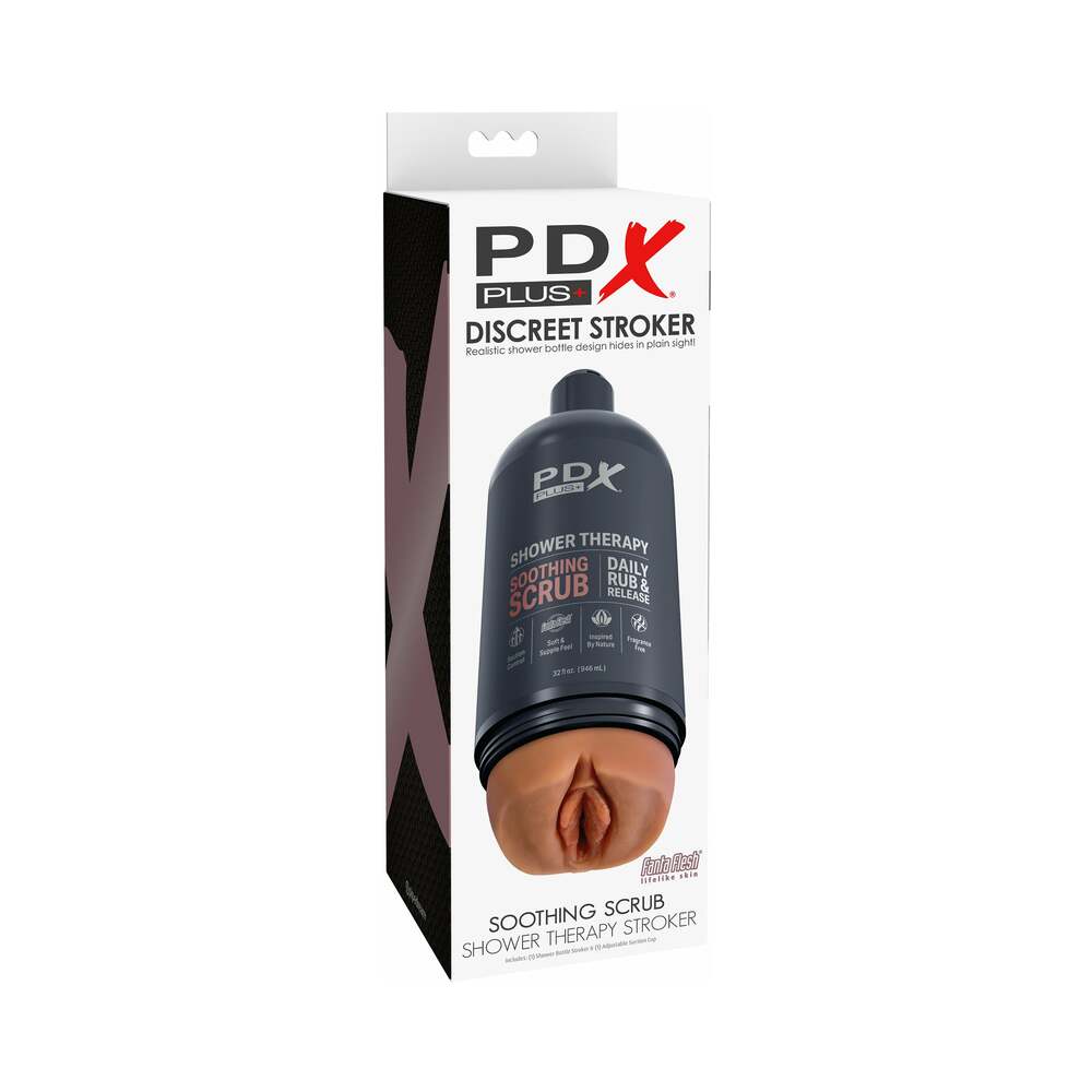 PDX Plus Shower Therapy Soothing Scrub Tan discreet stroker in a shampoo bottle design for modern self-care.