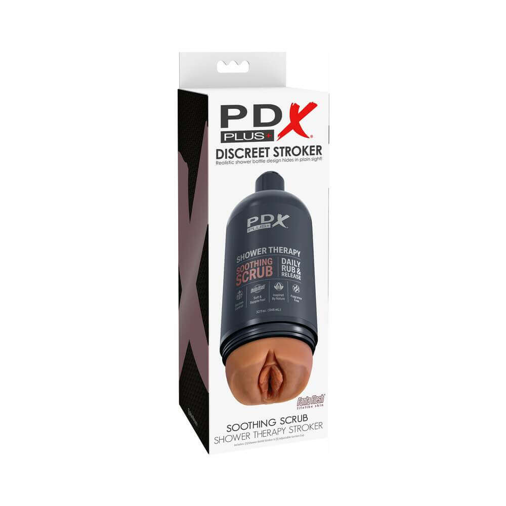 PDX Plus Shower Therapy Soothing Scrub Tan discreet stroker in a shampoo bottle design for modern self-care.