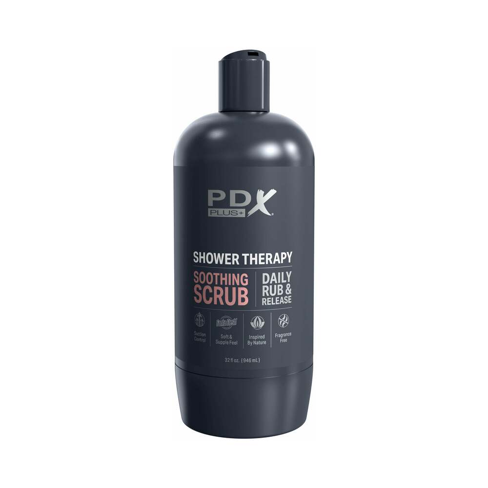 PDX Plus Shower Therapy Soothing Scrub Tan bottle for personal care and relaxation in the bathroom.