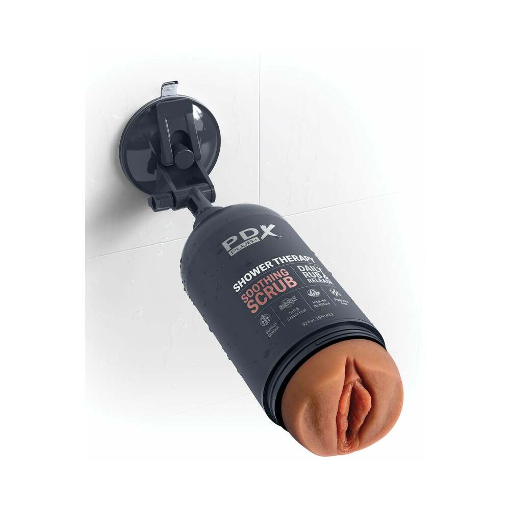 PDX Plus Shower Therapy Soothing Scrub Tan discreet stroker designed for privacy and pleasure in modern bathrooms.