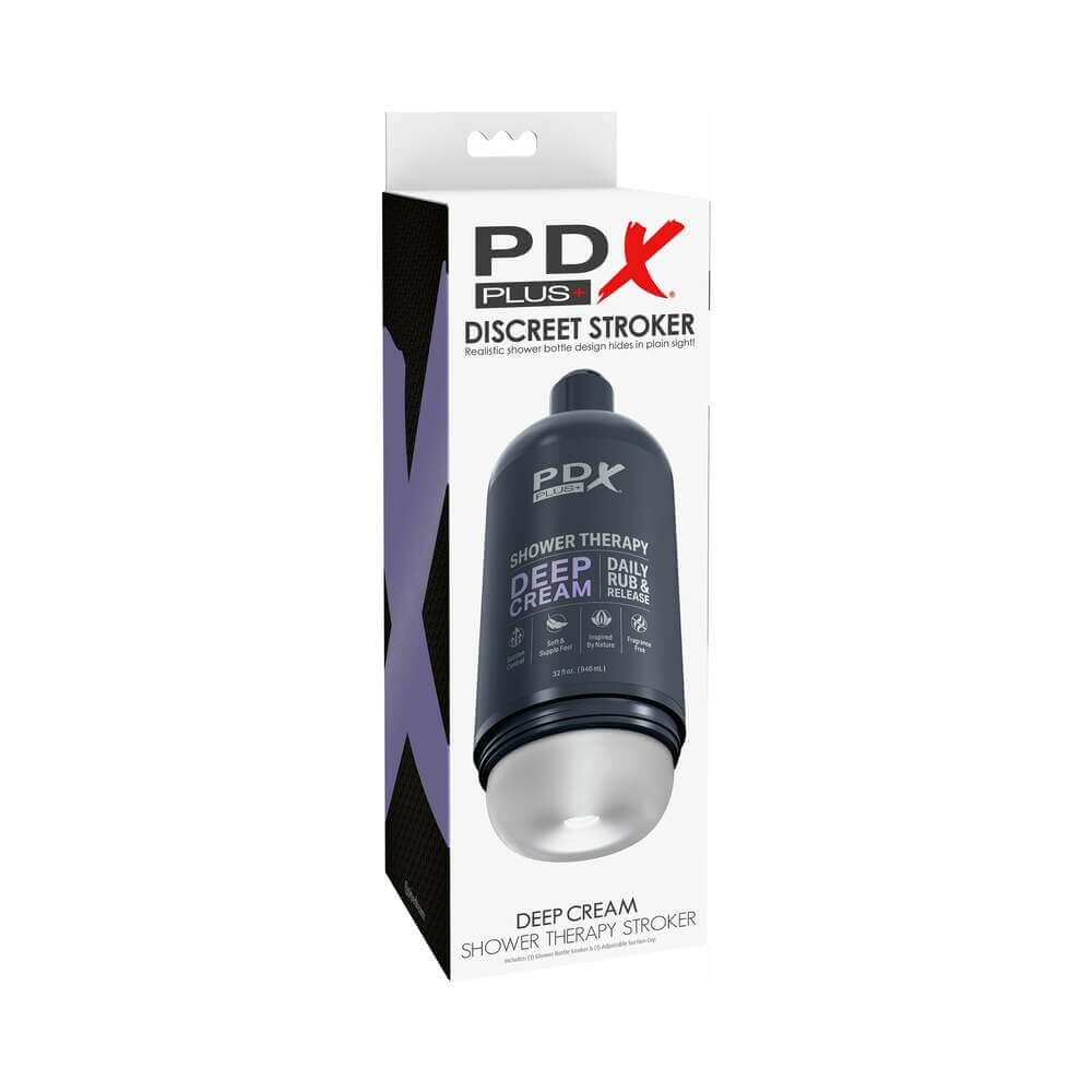 PDX Plus Shower Therapy Deep Cream Frost Discreet Stroker packaging showcasing a modern, sleek design.