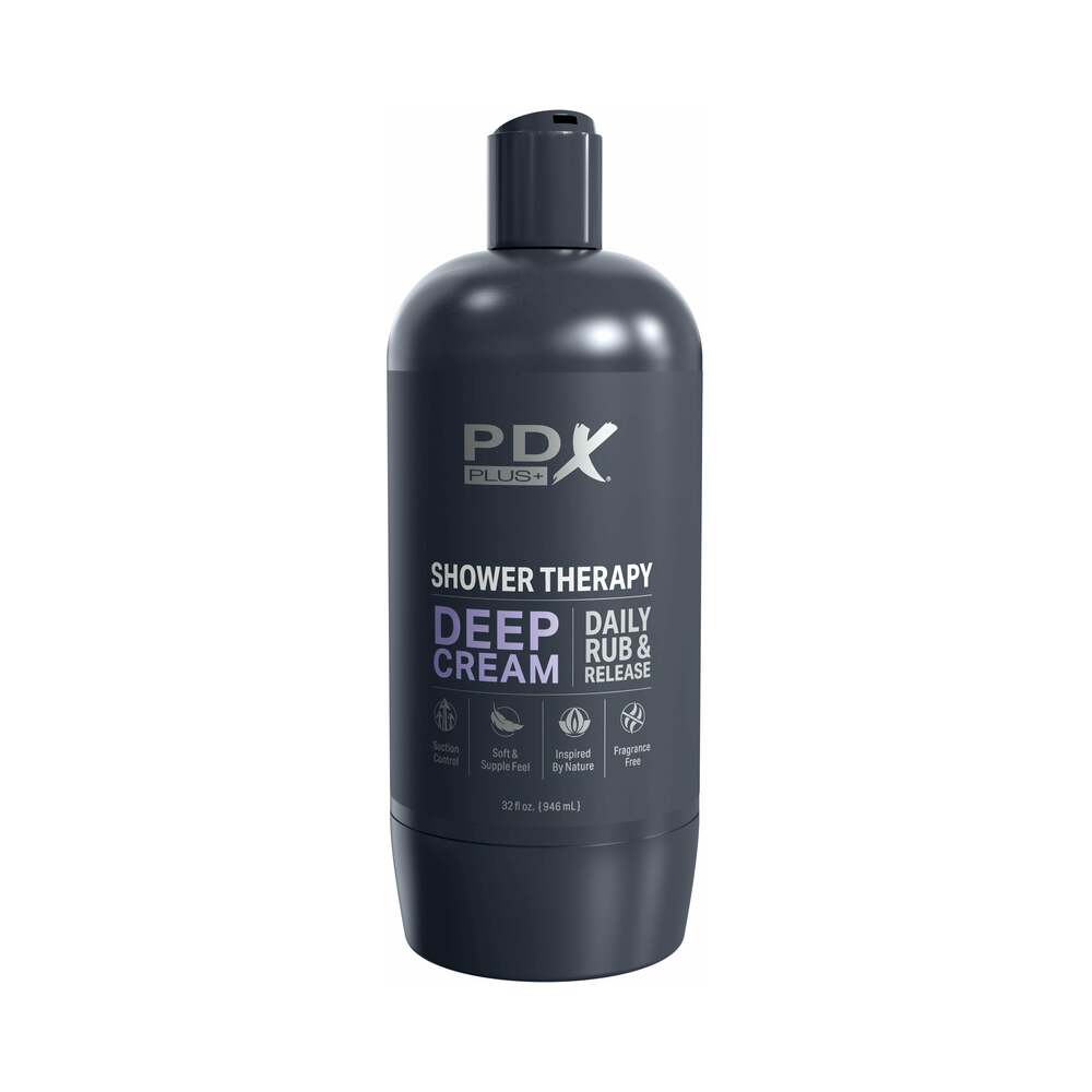 PDX Plus Shower Therapy Deep Cream Frost Discreet Stroker packaged as a shampoo bottle for privacy and enjoyment.