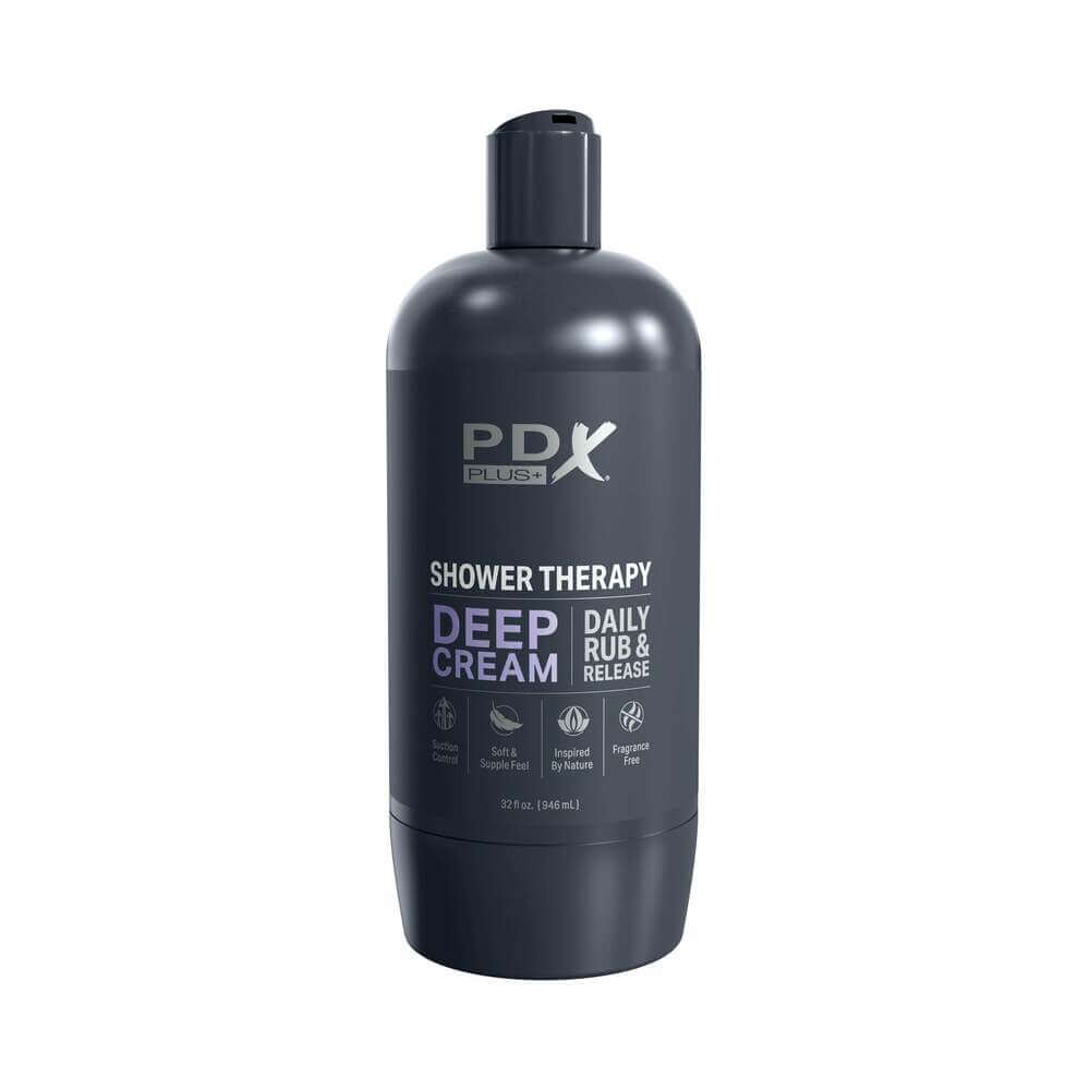 PDX Plus Shower Therapy Deep Cream Frost Discreet Stroker packaged as a shampoo bottle for privacy and enjoyment.