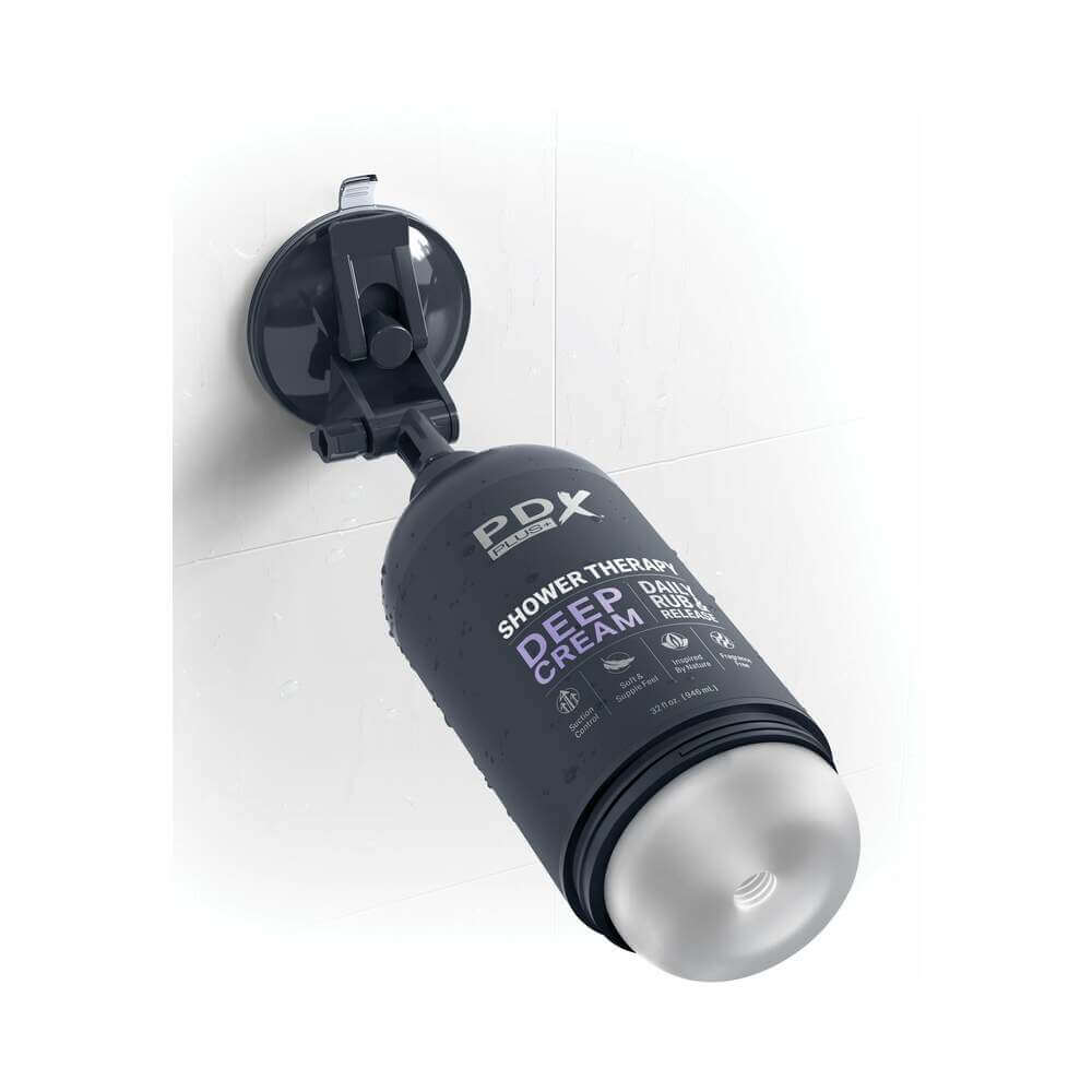 PDX Plus Shower Therapy Deep Cream Frost Discreet Stroker mounted on the shower wall for private pleasure.
