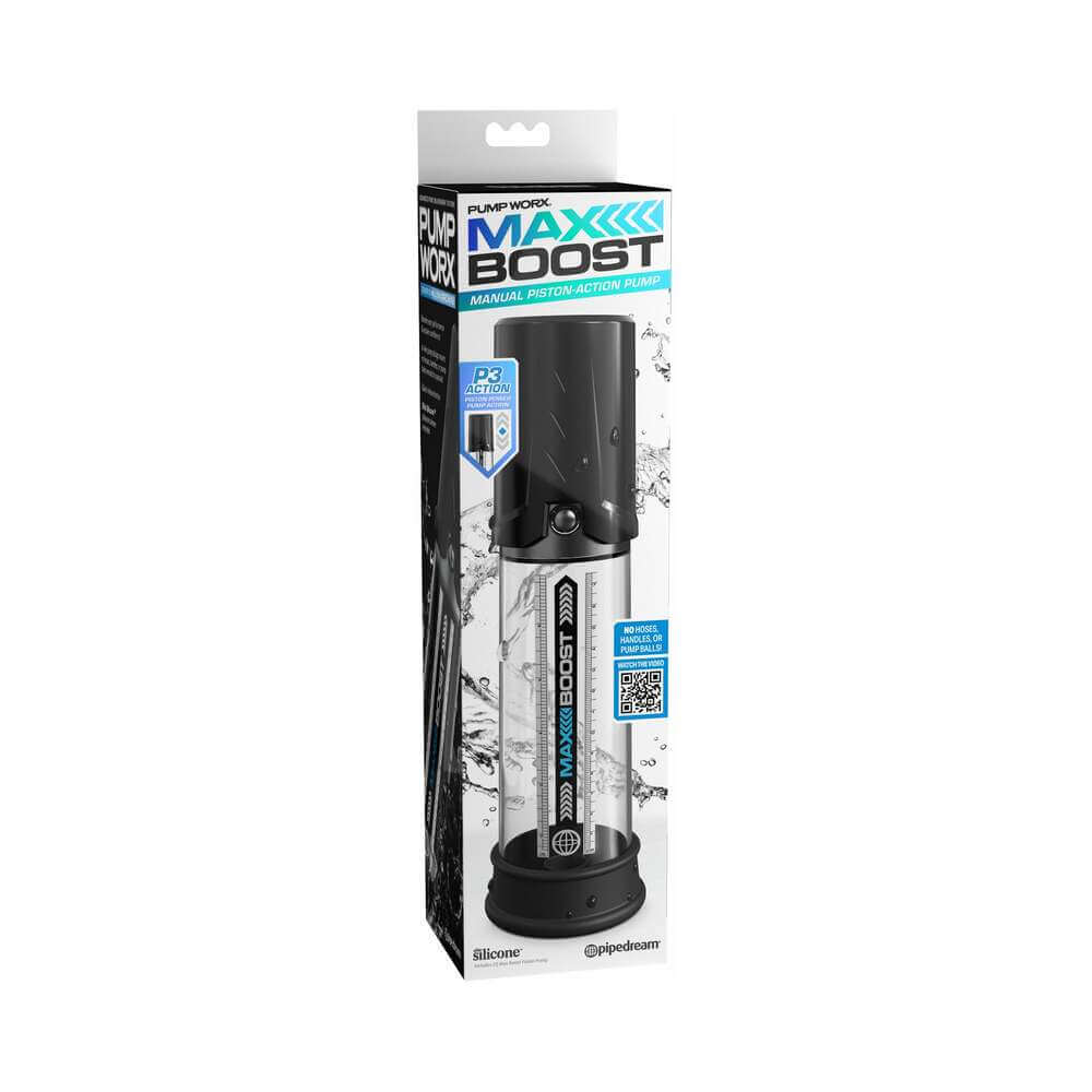 Pump Worx Max Boost Penis Pump packaging with instructions and features displayed for easy use.