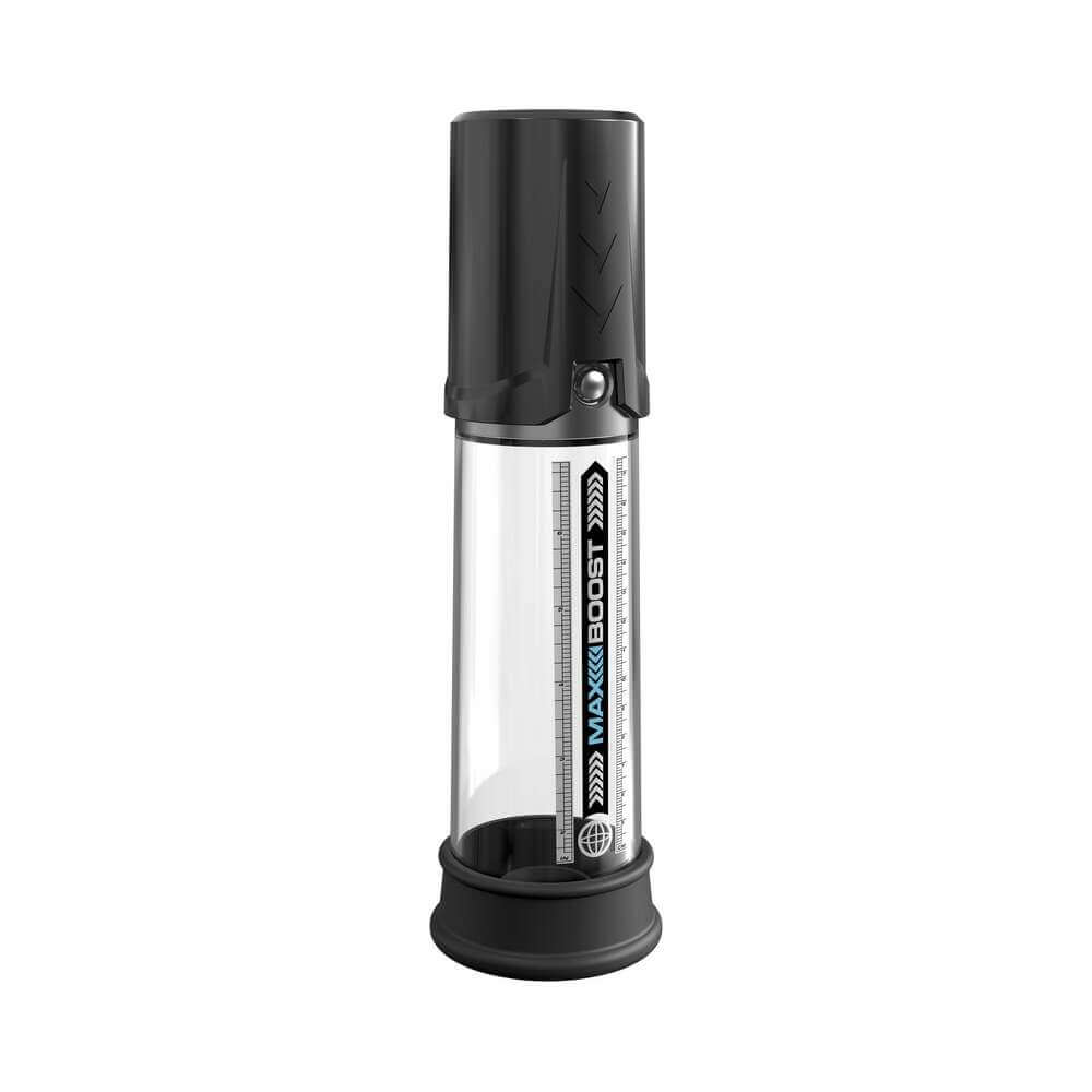 Pump Worx Max Boost Penis Pump designed with a crystal-clear measurement tube and ergonomic grip.