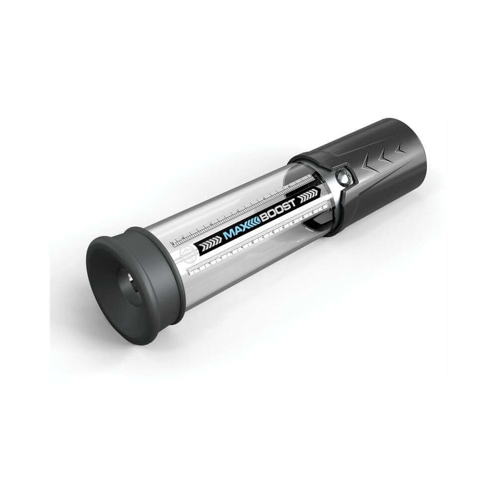 Pump Worx Max Boost Penis Pump featuring a piston-action system and clear measurement tube.