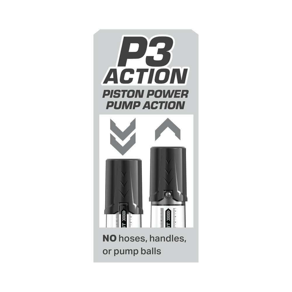 P3 Action piston power pump action image highlighting the manual use of the Pump Worx Max Boost Penis Pump.