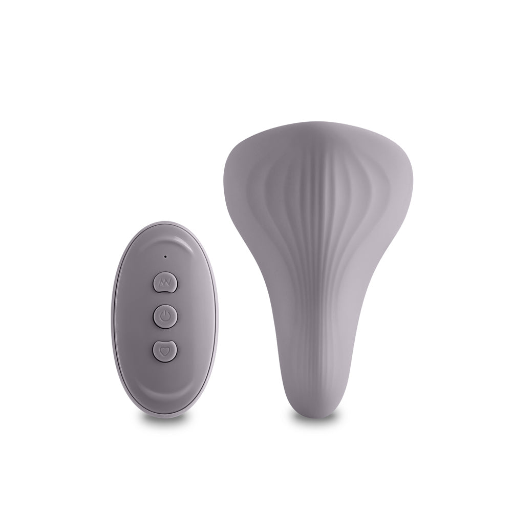 Desire Mantra Rechargeable Silicone Panty Vibe Gray next to its remote, designed for intimate pleasure and stimulation.