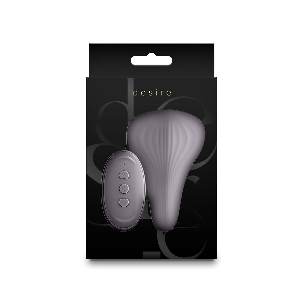 Desire Mantra Rechargeable Silicone Panty Vibe Gray in packaging with remote control for discreet pleasure.
