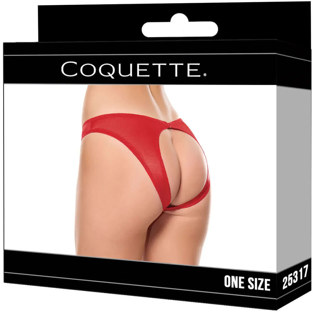 Coquette Knit Open Back Panty Red One Size packaging display featuring a stylish keyhole cut-out and glossy finish.