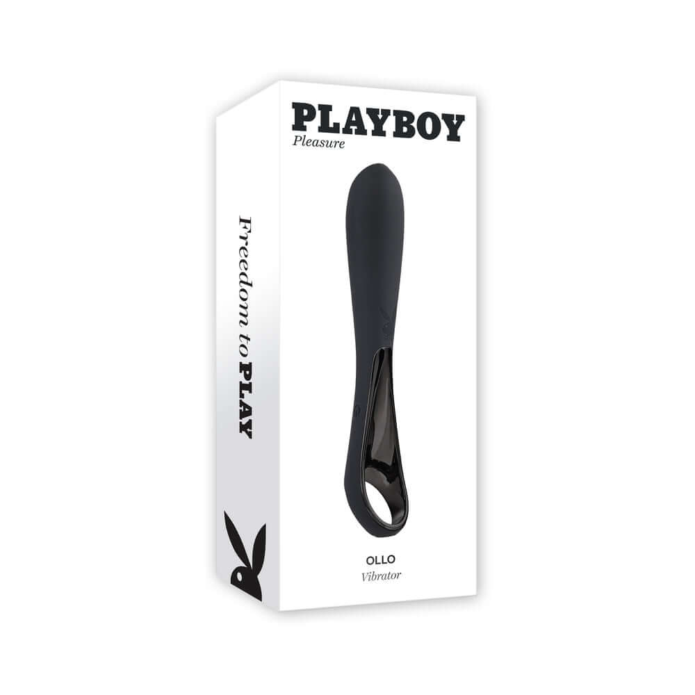 Playboy Olio Rechargeable Silicone Mini Vibrator Black packaging showcasing a sleek design and vibrant branding.