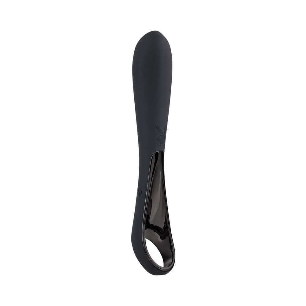 Playboy Olio Rechargeable Silicone Mini Vibrator Black side view, sleek design with grip-style ring handle.