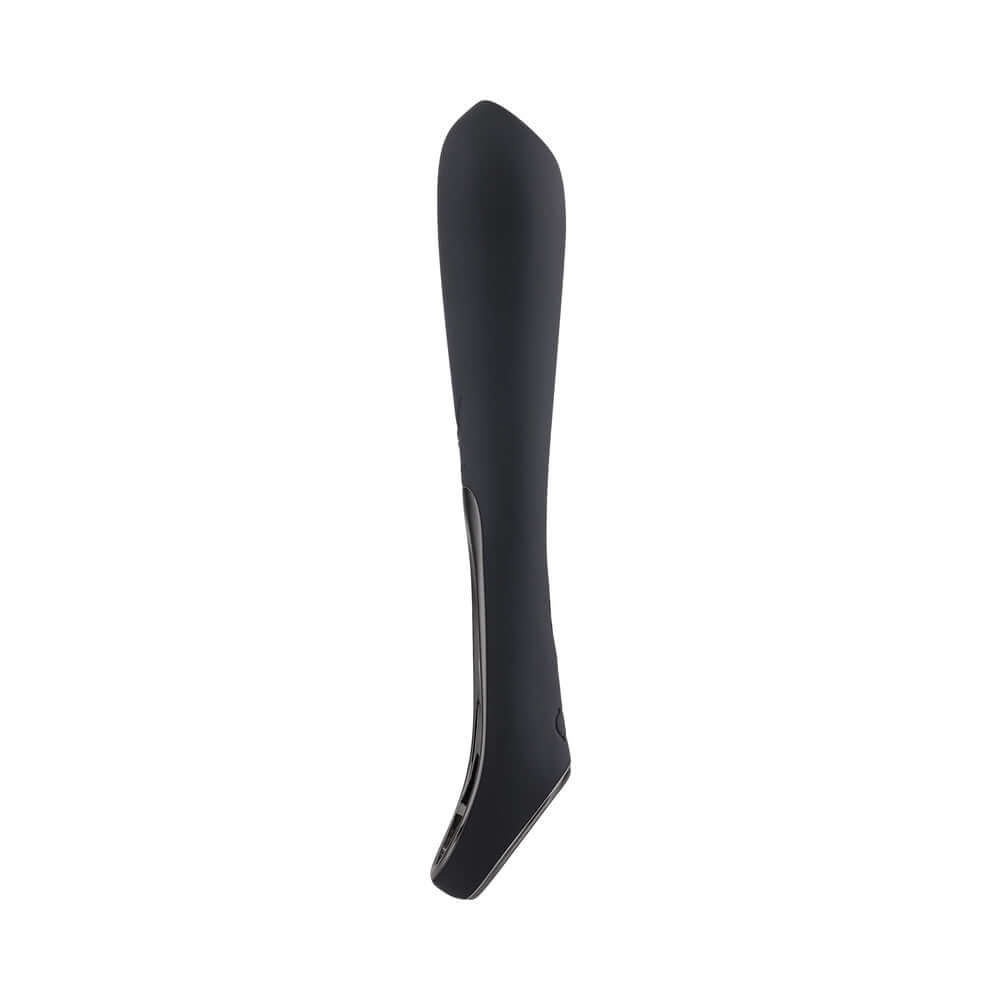 Playboy Olio Rechargeable Silicone Mini Vibrator Black side view showcasing sleek design and grip handle.