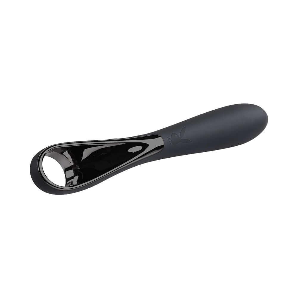 Playboy Olio Rechargeable Silicone Mini Vibrator Black showcasing its sleek design and finger-friendly grip.
