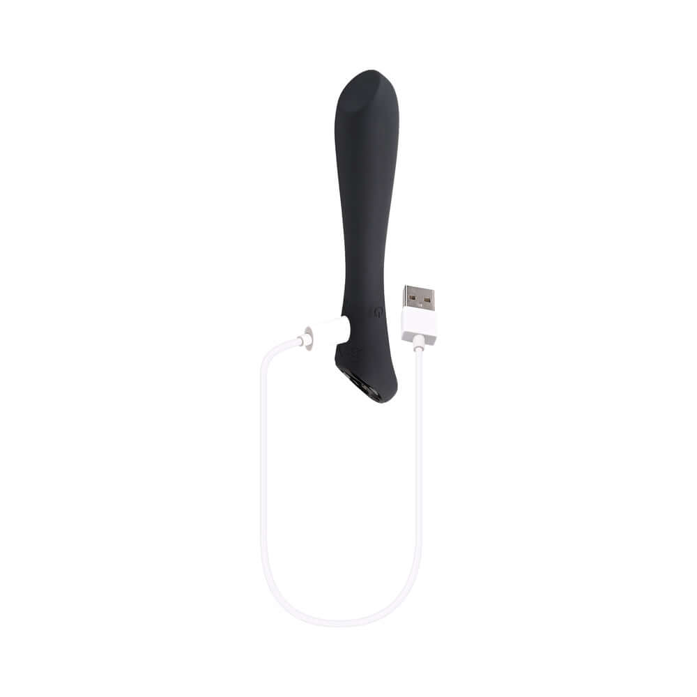 Playboy Olio Rechargeable Silicone Mini Vibrator Black with USB charging cable for convenient use and powerful stimulation.