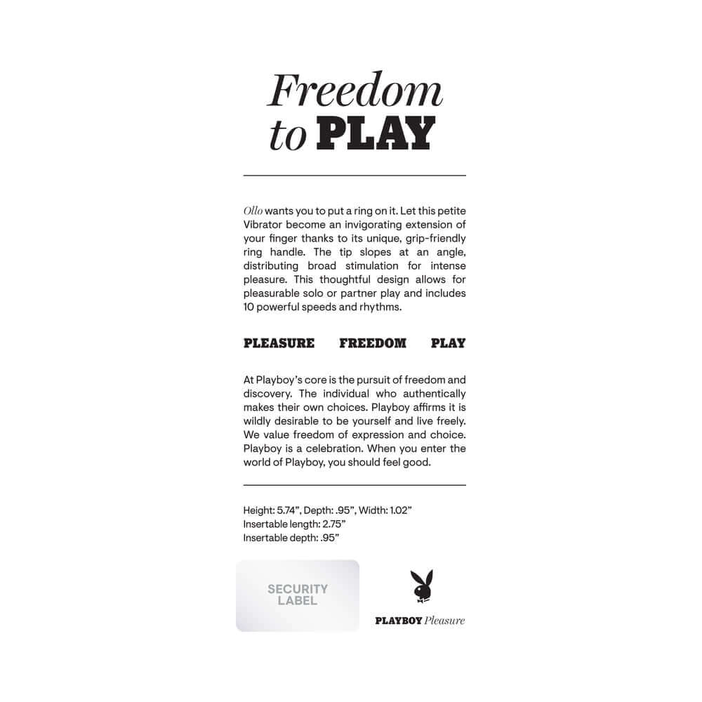 Playboy Olio Rechargeable Silicone Mini Vibrator Black product description and specifications with keywords freedom and play.