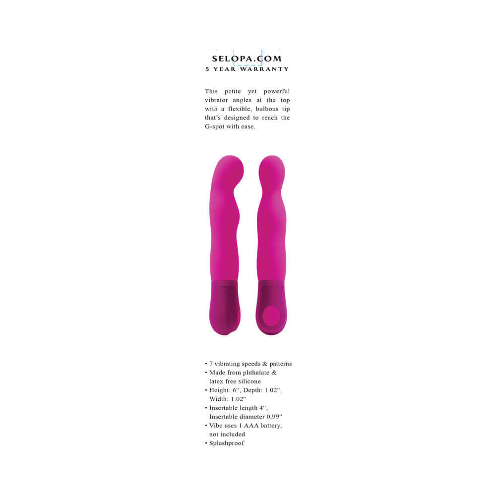 Selopa G Wow Silicone G-Spot Vibrator Pink showing two vibrators with detailed features and specifications.