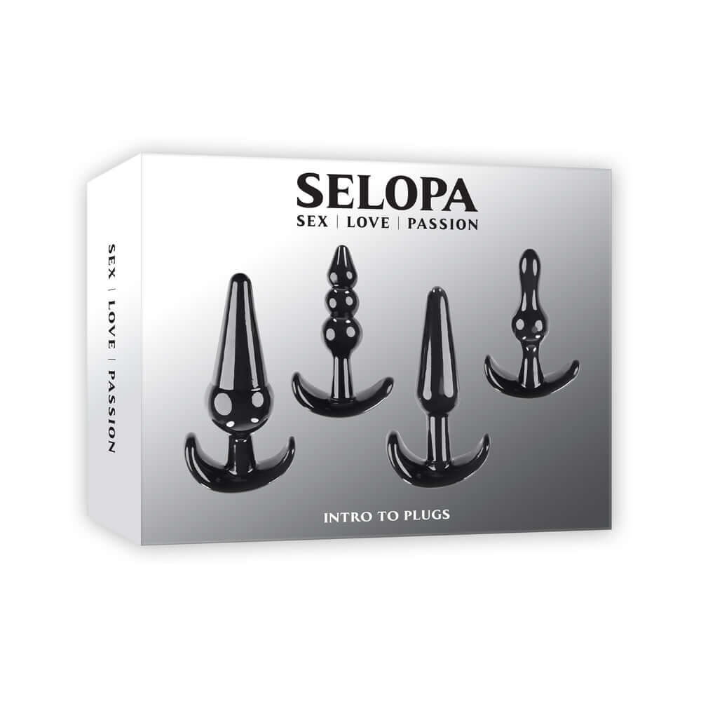 Selopa Intro To Plugs 4-Piece Anal Plug Set Black featuring a variety of shapes in a sleek design.