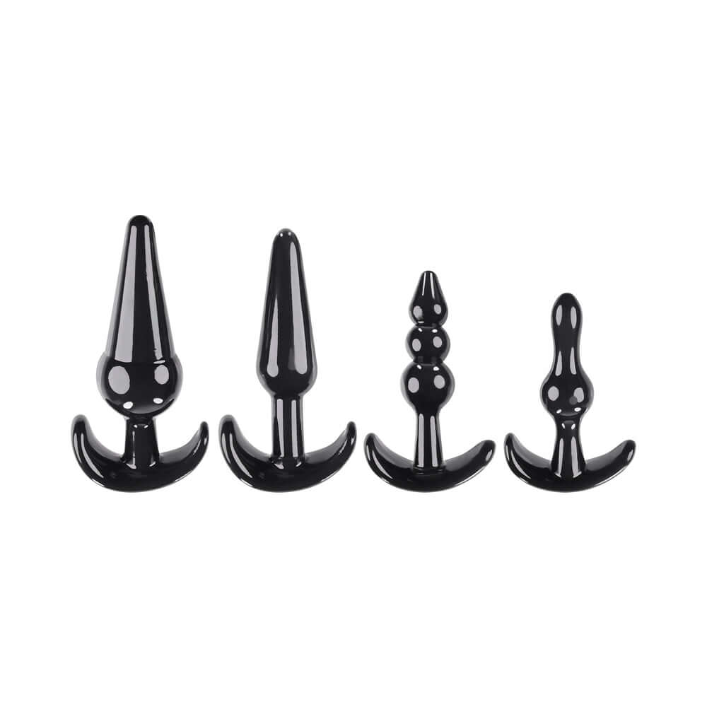 Selopa Intro To Plugs 4-Piece Anal Plug Set Black featuring four unique black anal plugs for beginners.