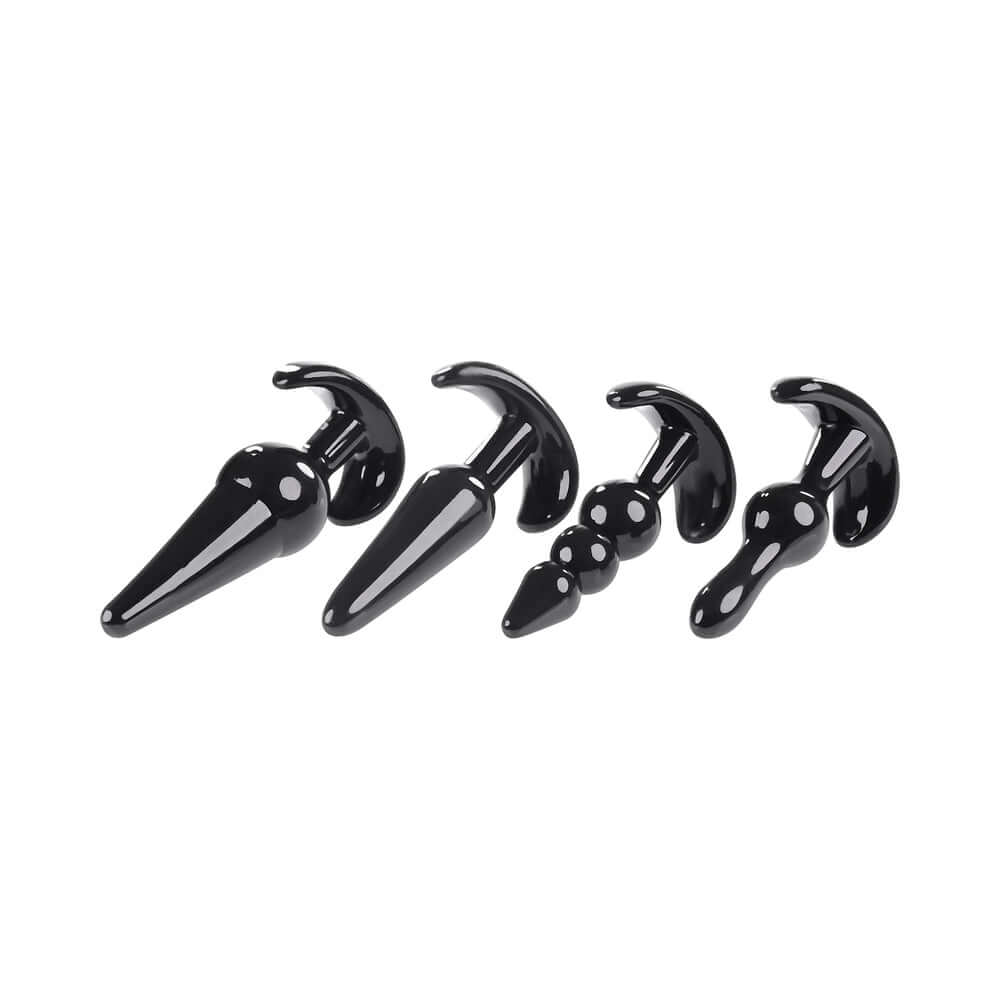 Selopa Intro To Plugs 4-Piece Anal Plug Set Black showcasing four unique black anal plugs for beginners.