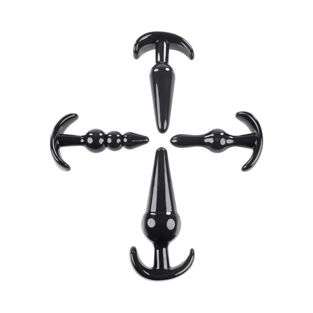 Selopa Intro To Plugs 4-Piece Anal Plug Set Black featuring various shapes and sizes for beginners.