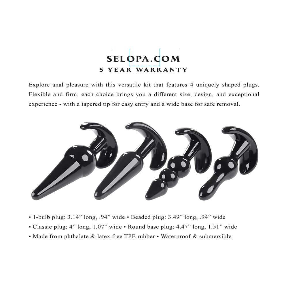 Selopa Intro To Plugs 4-Piece Anal Plug Set Black featuring uniquely designed plugs for varied experiences.