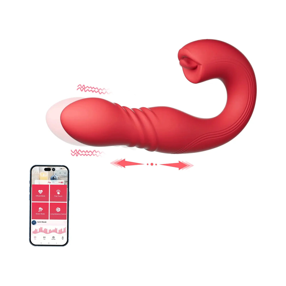 Honey Play Box Joi Thrust App Controlled Thrusting G-spot Vibrator & Tongue Clit Licker Red