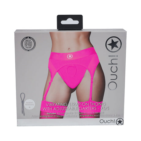 Vibrating Strap on Thong with Adjustable Garters Pink XS S packaging featuring model wearing the product.