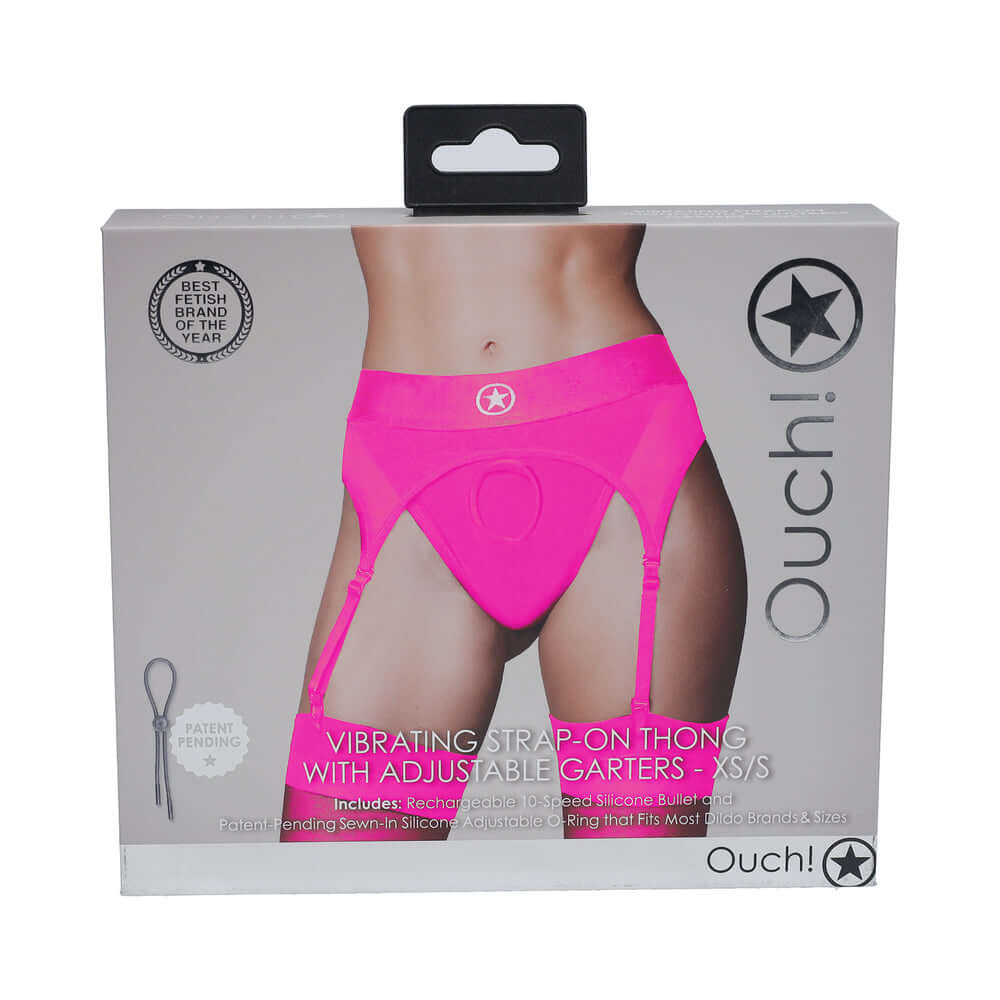 Vibrating Strap on Thong with Adjustable Garters Pink XS S packaging featuring model wearing the product.