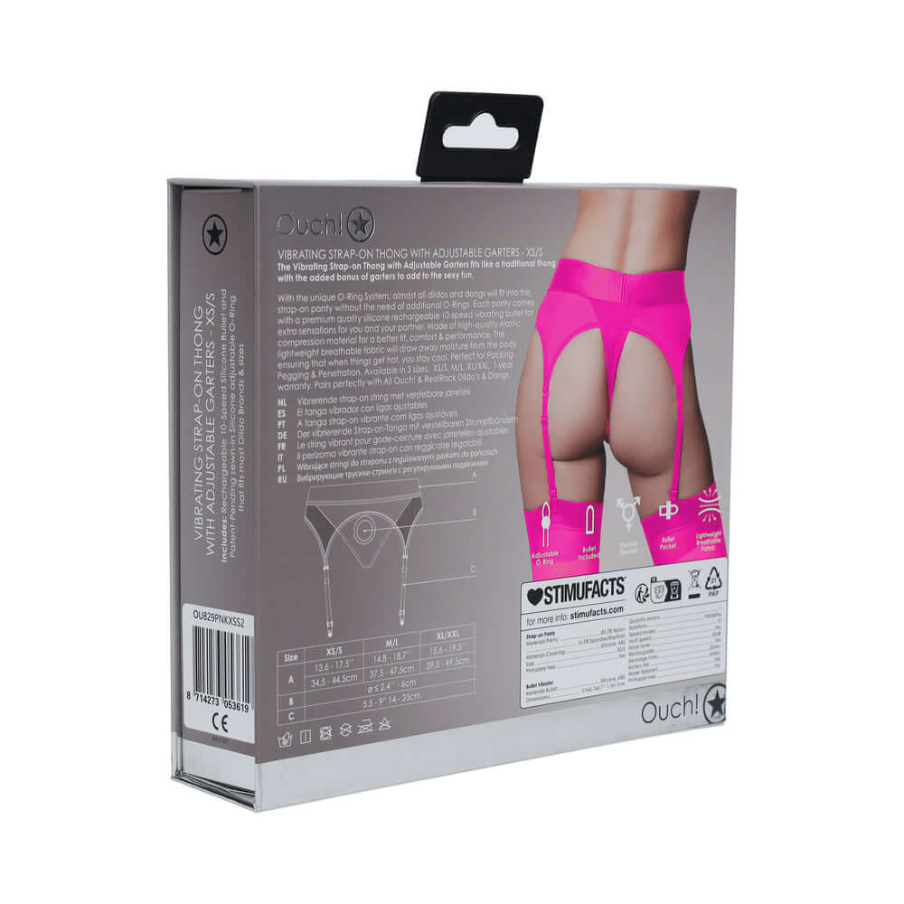 Product packaging for Vibrating Strap on Thong with Adjustable Garters Pink XS S, showcasing design and features.