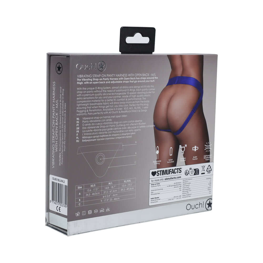 Ouch! Vibrating Strap-on Panty Harness with Open Royal Blue Black M/L