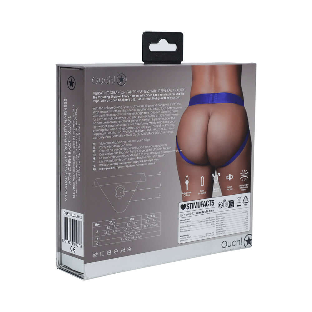 Ouch! Vibrating Strap-on Panty Harness with Open Royal Blue Black XL/XXL