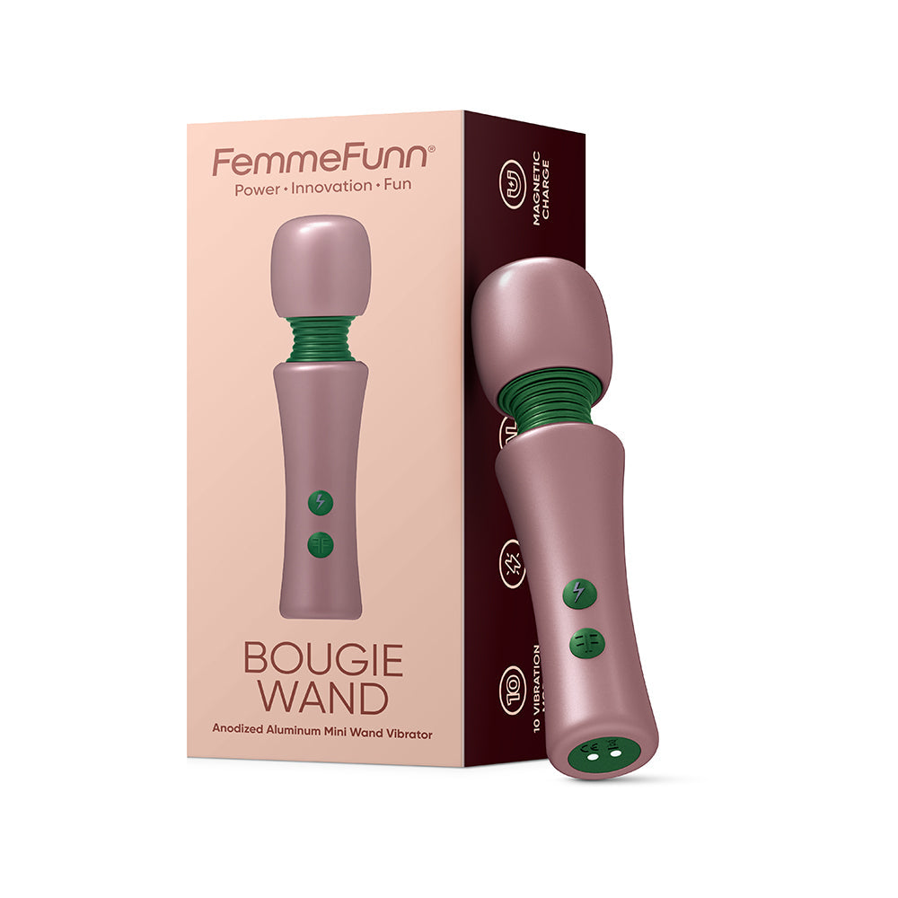 Femmefunn Bougie Wand Mini Massager Rose Gold with packaging displayed, showcasing its sleek design and powerful features.