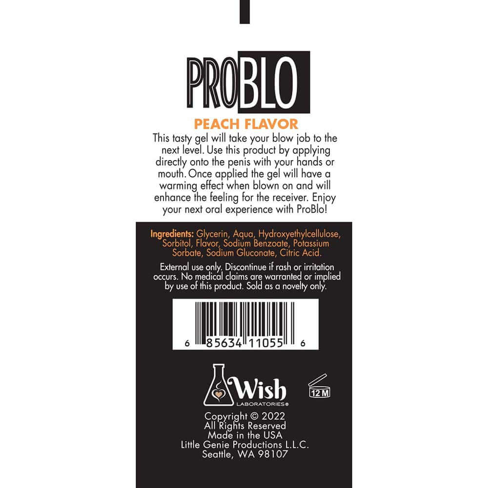 Pro Blo Peach Oral Pleasure Gel 65-Piece Fishbowl Display packaging showing ingredients and instructions.