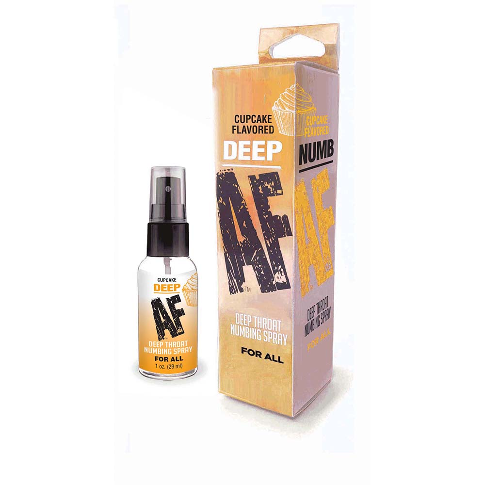 Deep AF Deep Throat Spray Cupcake 1 Oz bottle with packaging, designed for oral desensitization and comfort.