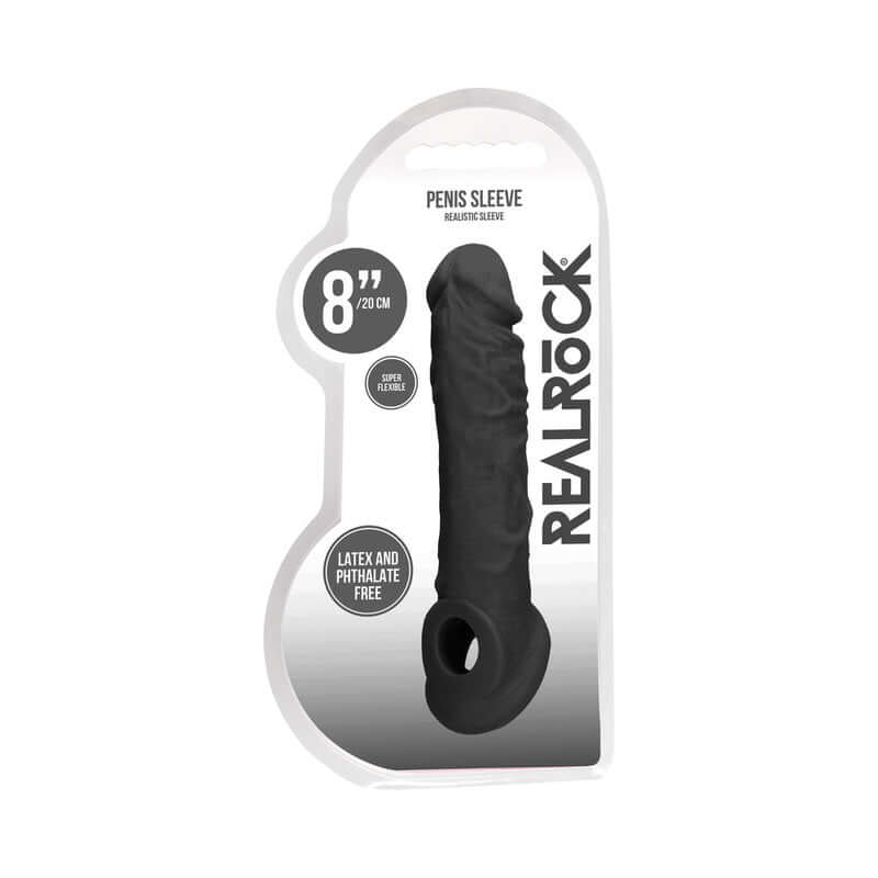 RealRock Skin 8 inches Penis Extender Sling Black in packaging, designed for realistic look and feel.