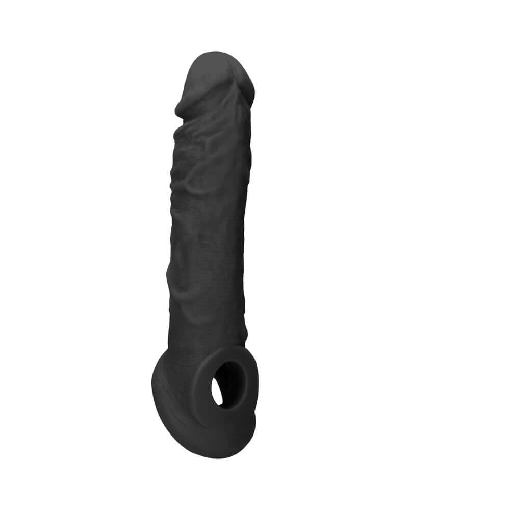 RealRock Skin 8 inches Penis Extender Sling Black showcasing a lifelike texture and realistic design.