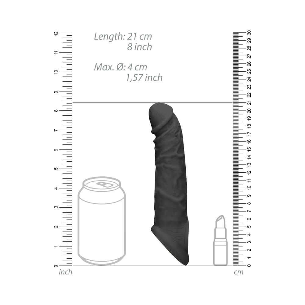 RealRock Skin 8 inches Penis Extender Sling Black displayed next to a can for scale, highlighting its size and realistic design.