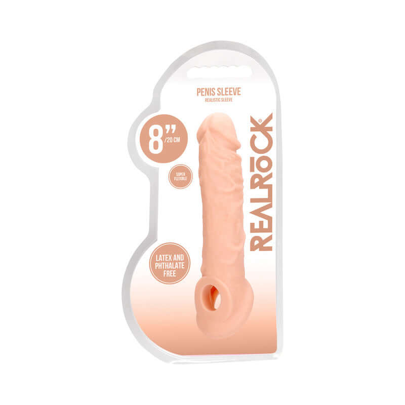 RealRock Skin 8 inches Penis Extender Sling Beige in packaging, realistic detail and texture, perfect for pleasure.