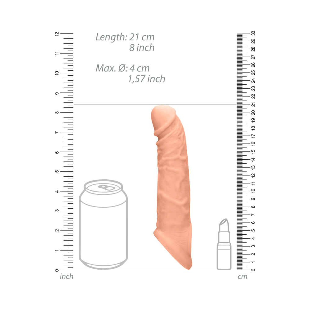 RealRock Skin 8 inches Penis Extender Sling Beige displayed next to a soda can for size reference.