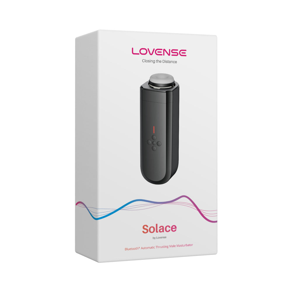 Lovense Solace Thrusting Masturbator packaging featuring app-controlled technology and sleek design.