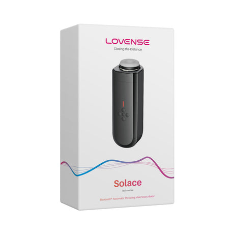 Lovense Solace Thrusting Masturbator packaging featuring app-controlled technology and sleek design.